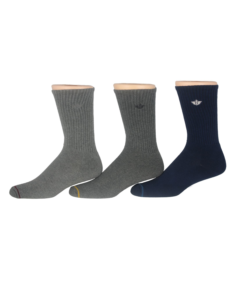 View of  Navy Multi 1/2 Cushion Crew Sock with Embrodiery, 3 Pack.