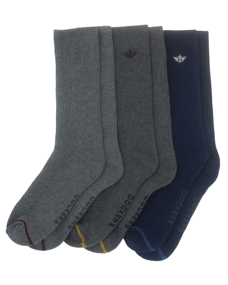 Front view of  Navy Multi 1/2 Cushion Crew Sock with Embrodiery, 3 Pack.