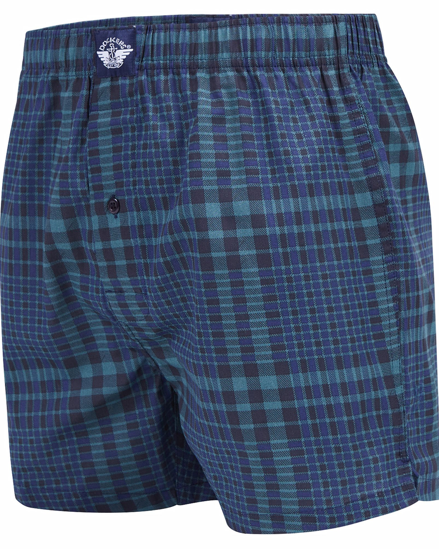View of  Navy Plaid Cotton Woven Boxers, 3 Pack.