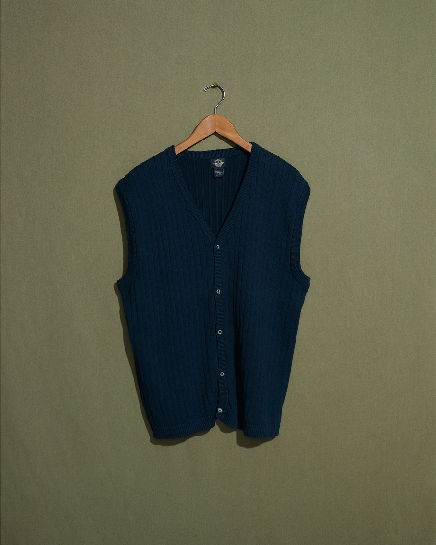 Front view of model wearing Navy Pleated Navy Vest - L.