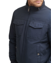 View of model wearing Navy Polytwill 2-Pocket Military Bomber Jacket.