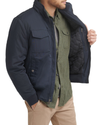 Side view of model wearing Navy Polytwill 2-Pocket Military Bomber Jacket.