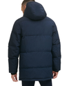 View of model wearing Navy Quilted Arctic Hooded Parka.