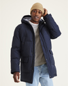 Front view of model wearing Navy Quilted Arctic Hooded Parka.