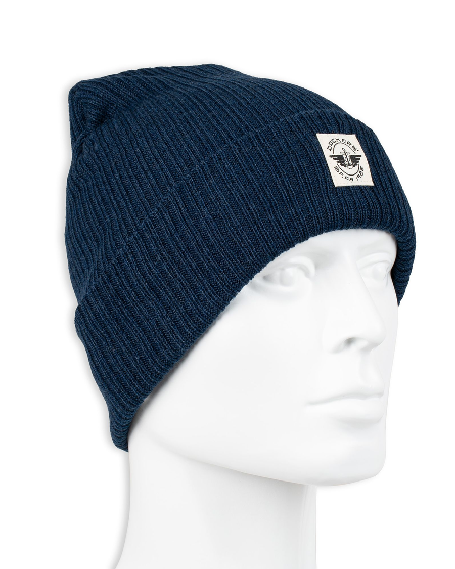 View of  Navy Recycled Double Knit Ribbed Beanie w/ Woven Seasonal Graphic.