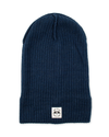 View of  Navy Recycled Double Knit Ribbed Beanie w/ Woven Seasonal Graphic.