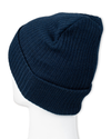 Back view of  Navy Recycled Double Knit Ribbed Beanie w/ Woven Seasonal Graphic.