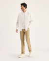 View of model wearing New British Khaki All-Day 5-Pocket, Slim Fit.