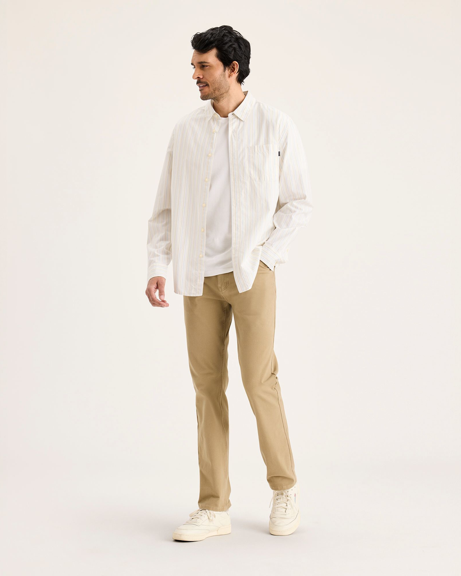 View of model wearing New British Khaki All-Day 5-Pocket, Slim Fit.