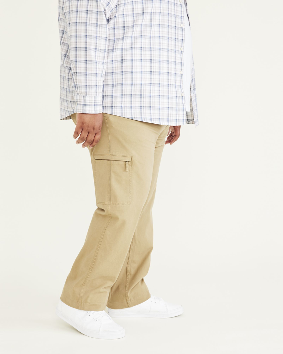 Side view of model wearing New British Khaki Go-To Cargos, Straight Fit (Big and Tall).