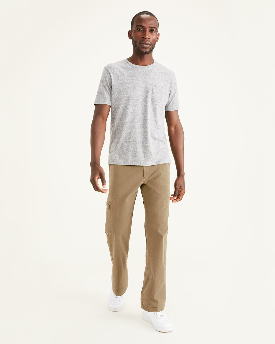 Front view of model wearing New British Khaki Go-To Cargos, Straight Fit.