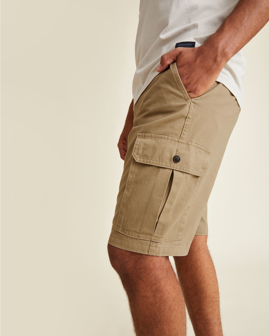 View of model wearing New British Khaki Perfect Cargo 10.5" Shorts, Straight Fit.