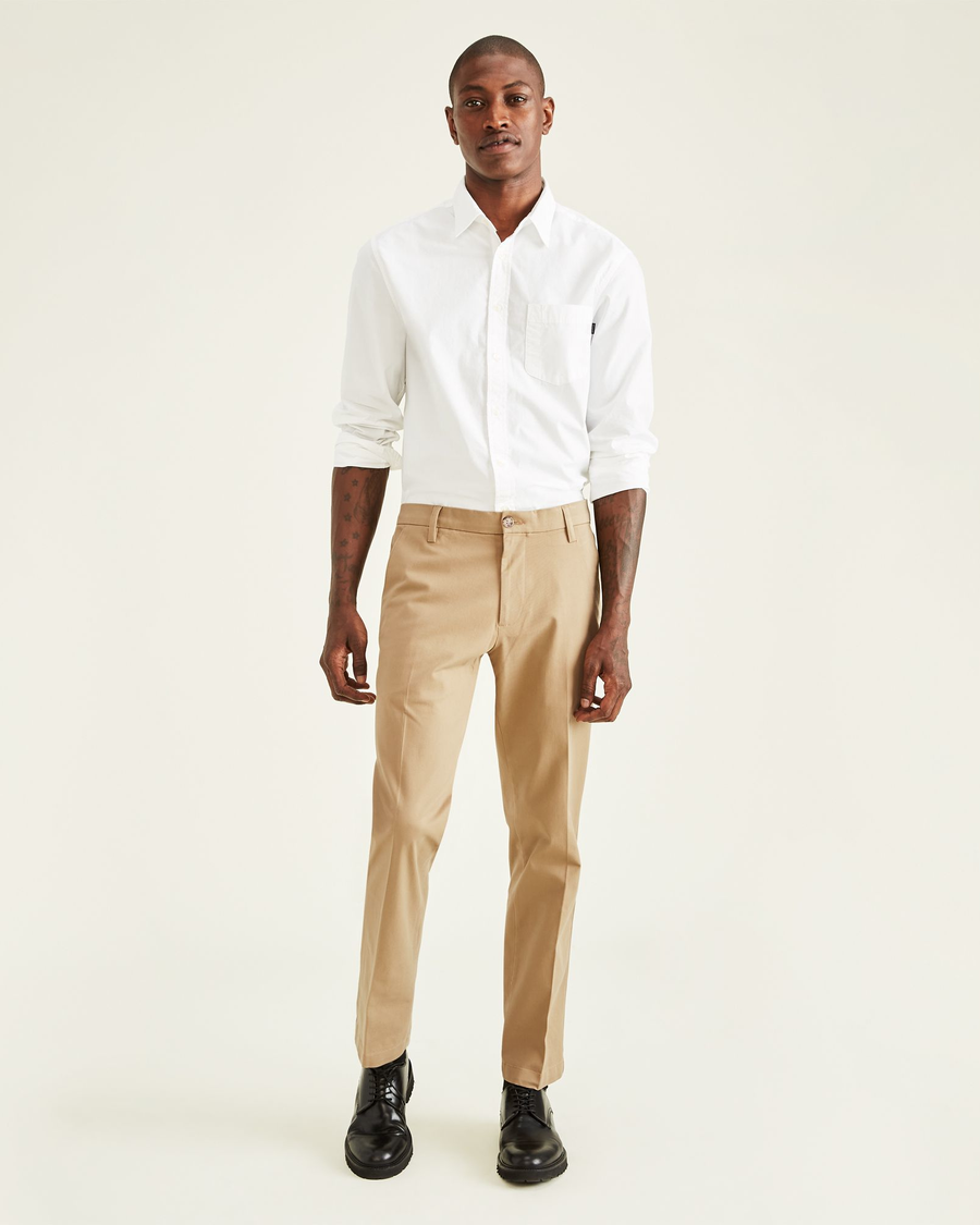Front view of model wearing New British Khaki Workday Khakis, Straight Fit.