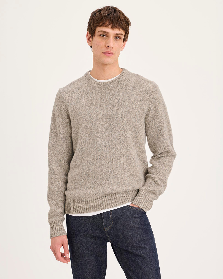 Front view of model wearing New England Twill Premium Crewneck Sweater, Regular Fit.