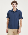 Front view of model wearing Ocean Blue Rib Collar Polo, Slim Fit.