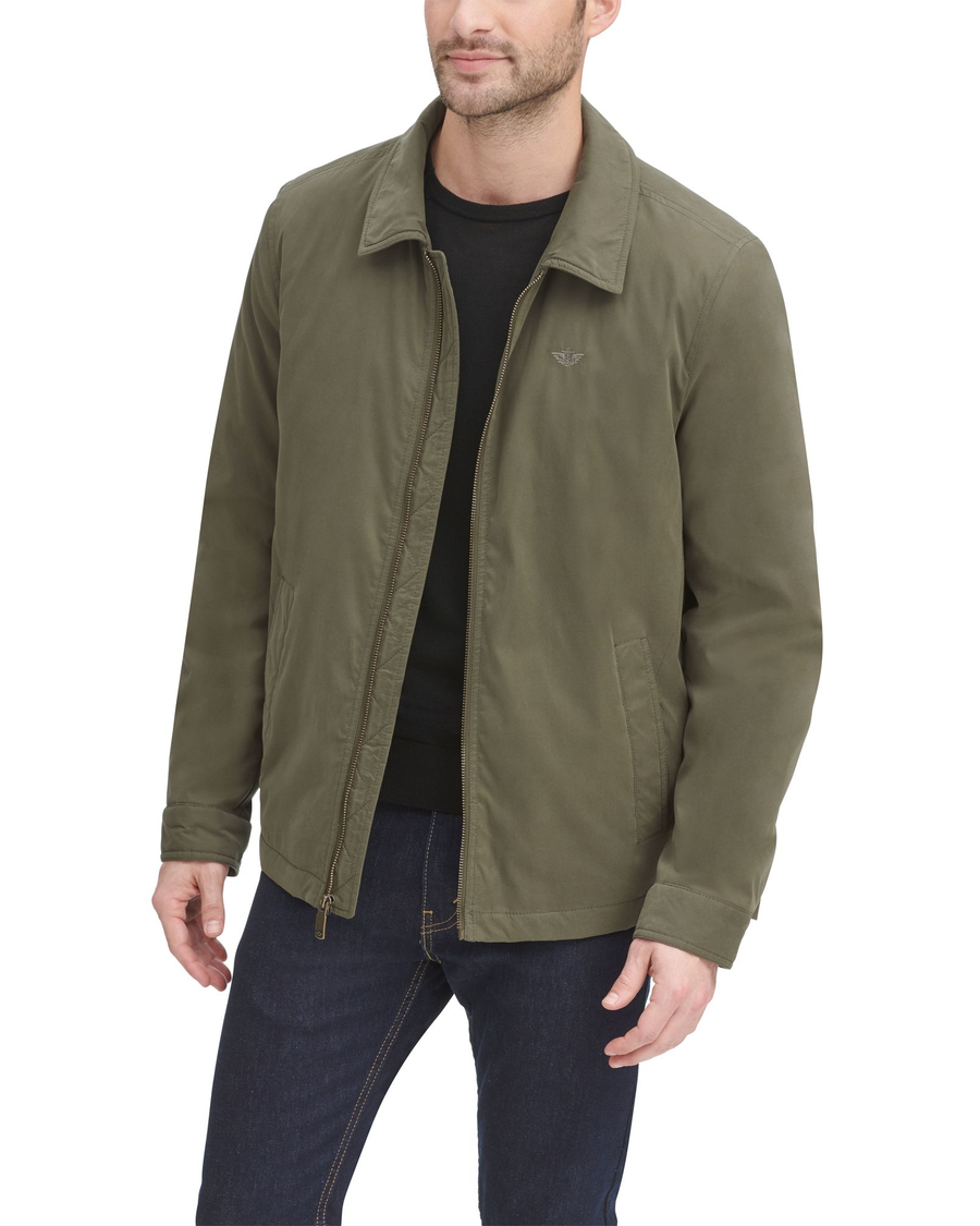 Front view of model wearing Olive Collar Jacket, Regular Fit.