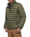 Side view of model wearing Olive Lightweight Nylon Packable Jacket.