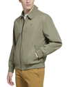 Side view of model wearing Olive Microtwill Relaxed Bomber Jacket.