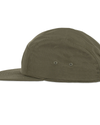 View of  Olive Nylon Camp Hat with Embroidered Logo and Flat Brim.