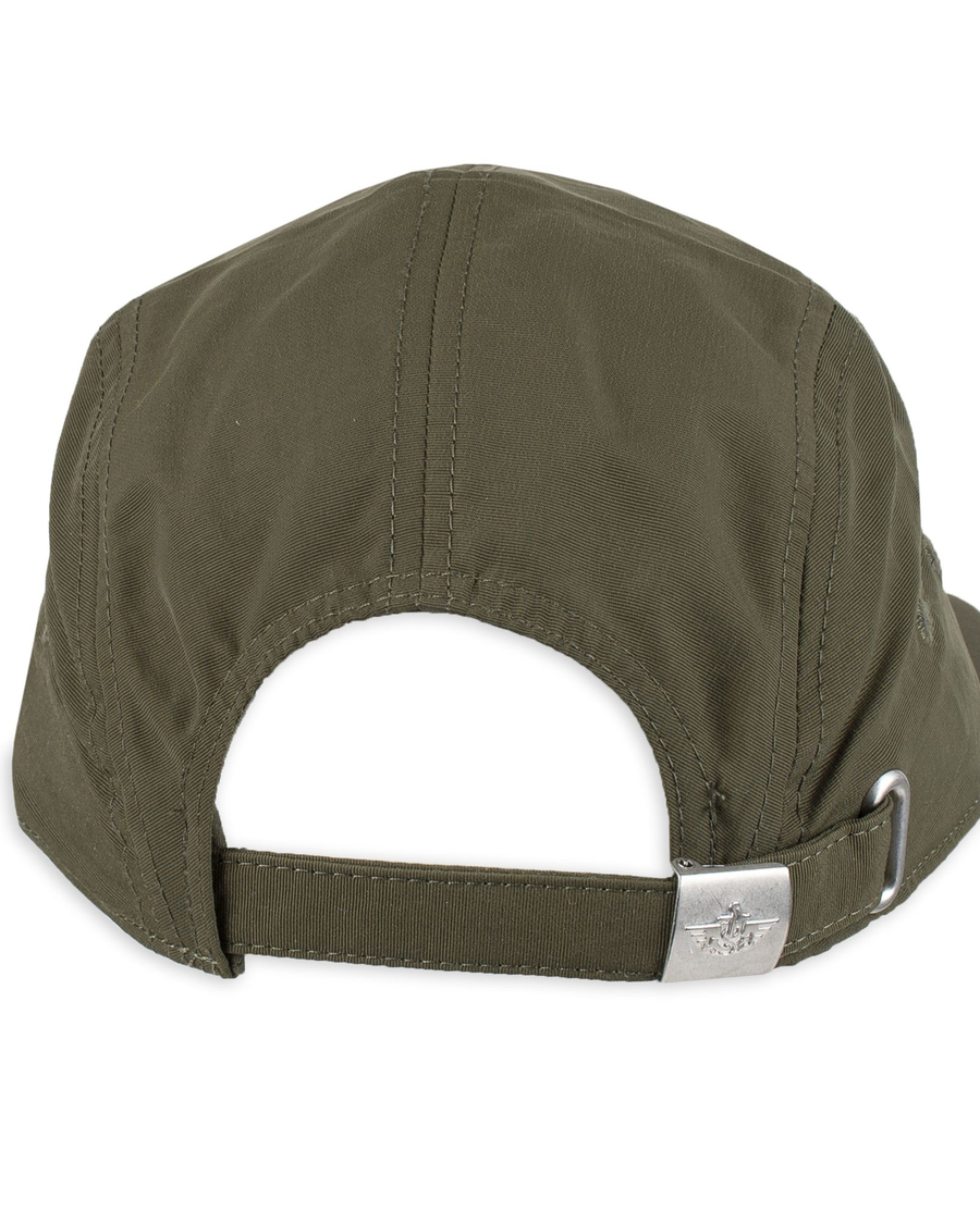 Back view of  Olive Nylon Camp Hat with Embroidered Logo and Flat Brim.