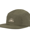 Front view of  Olive Nylon Camp Hat with Embroidered Logo and Flat Brim.