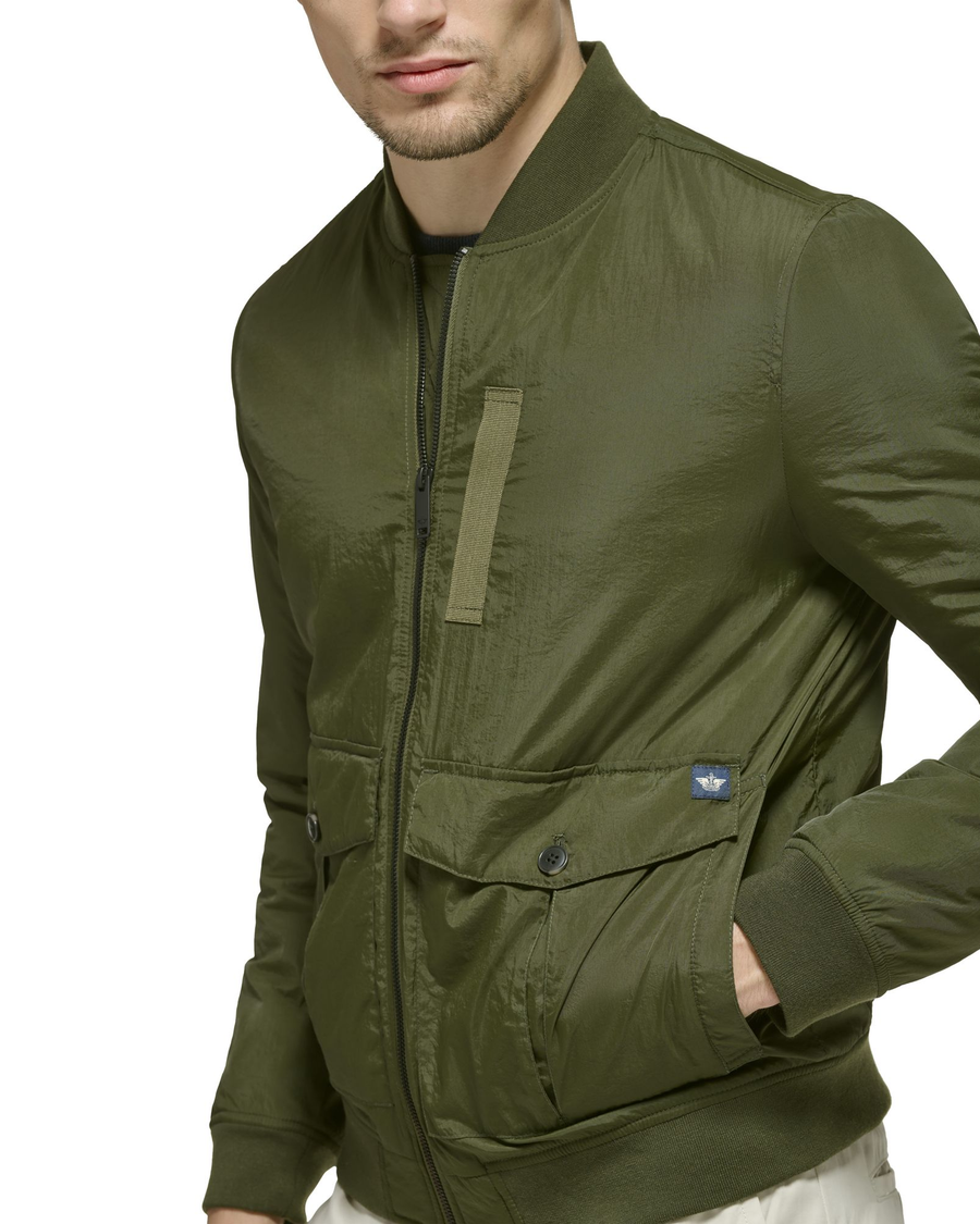 View of model wearing Olive Recycled Dry Touch Nylon Bomber.