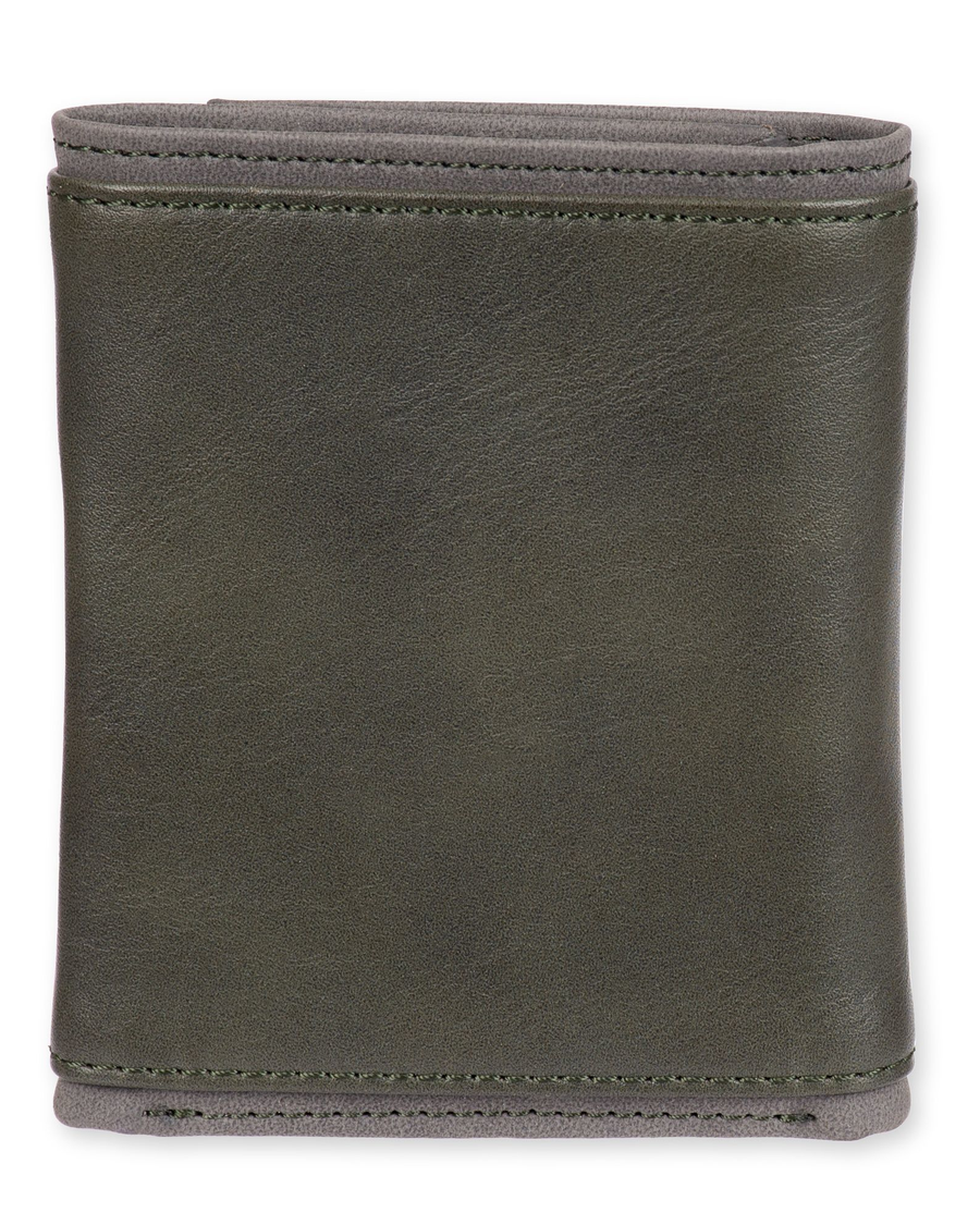 Back view of  Olive Trifold Wallet w/ Bill Divider.