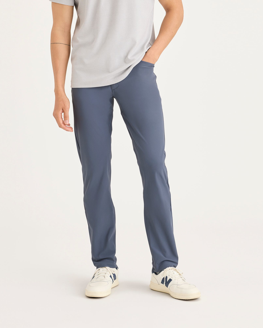 Front view of model wearing Ombre Blue Go Airweave 5-Pocket, Slim Tapered Fit.