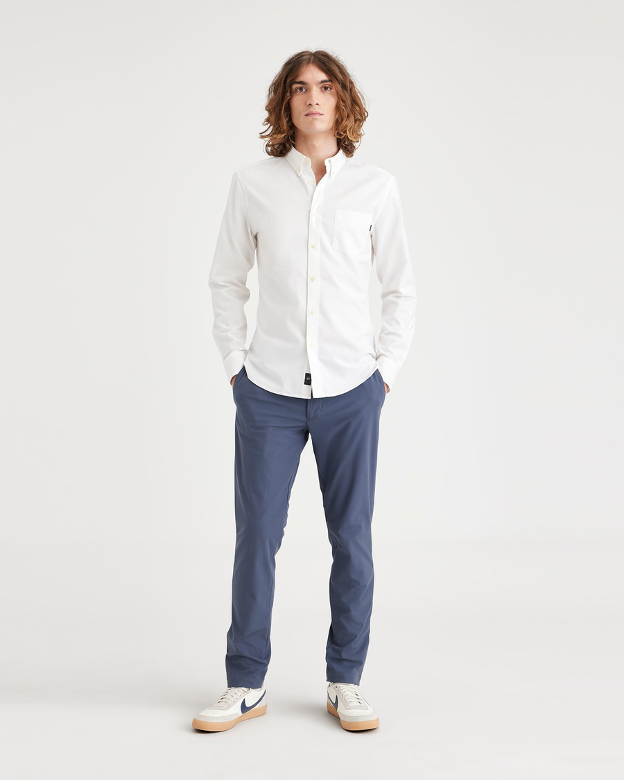 Front view of model wearing Ombre Blue Go Chino, Slim Tapered Fit with Airweave.
