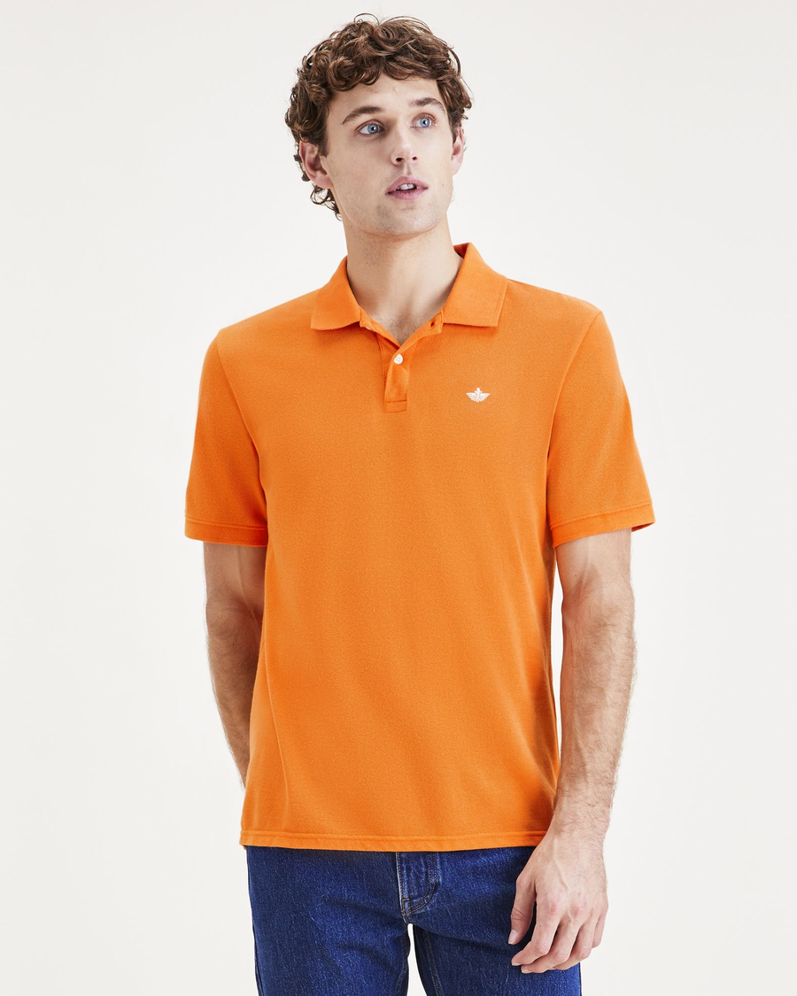 Front view of model wearing Orange Ochre Rib Collar Polo, Slim Fit.