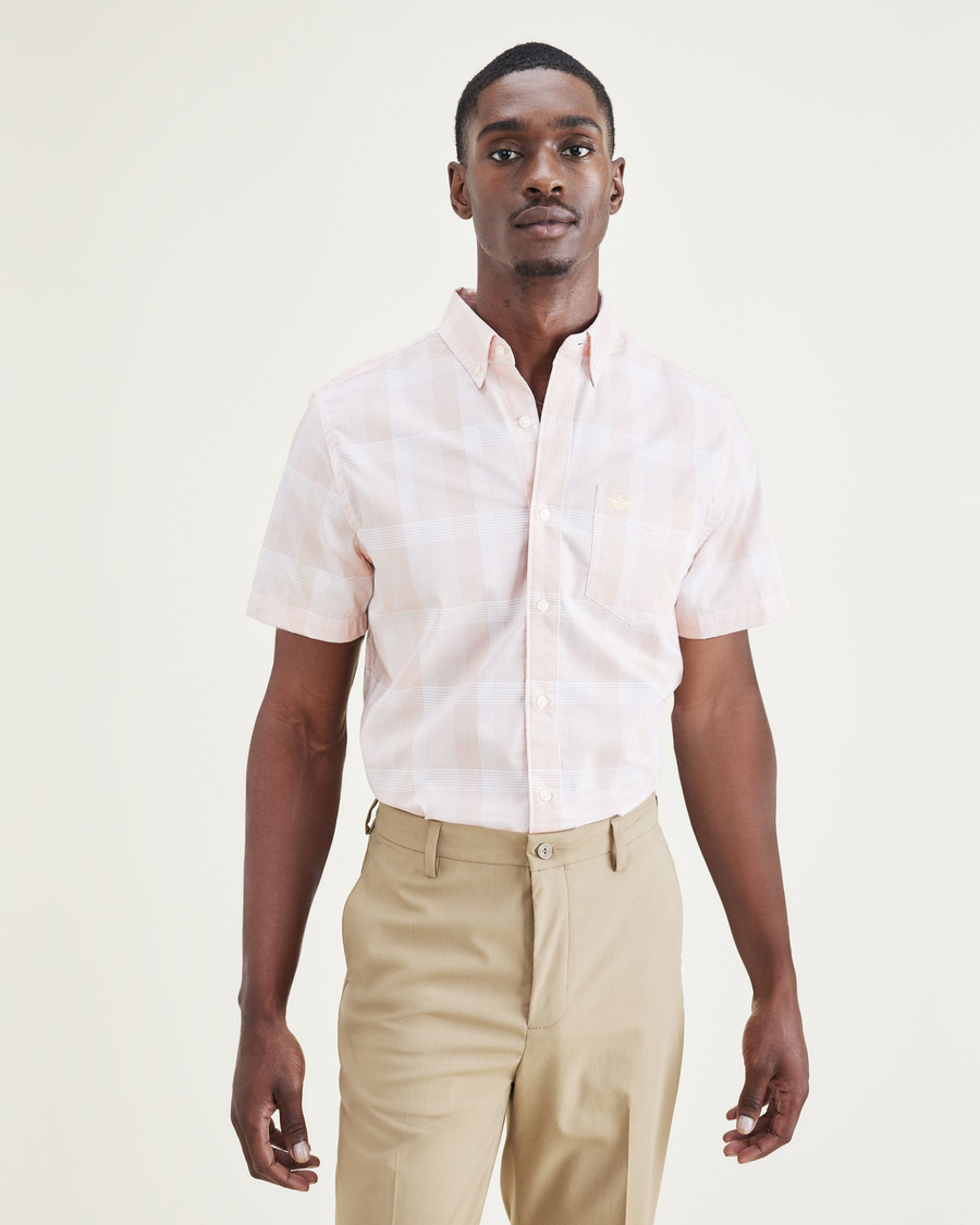 Front view of model wearing Orange Ochre Signature Comfort Flex Shirt, Classic Fit.