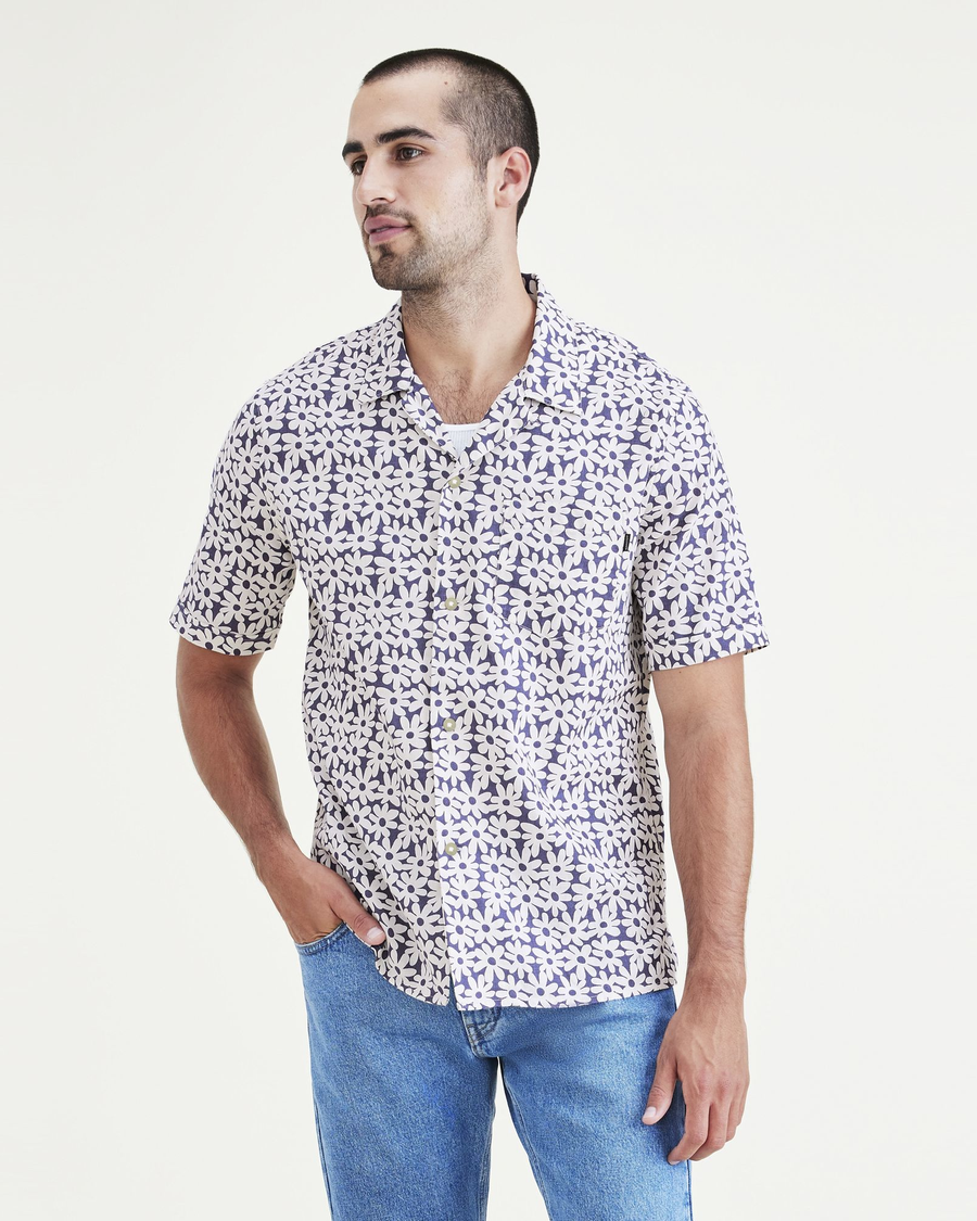 Front view of model wearing Orient Blue Camp Collar Shirt, Regular Fit.