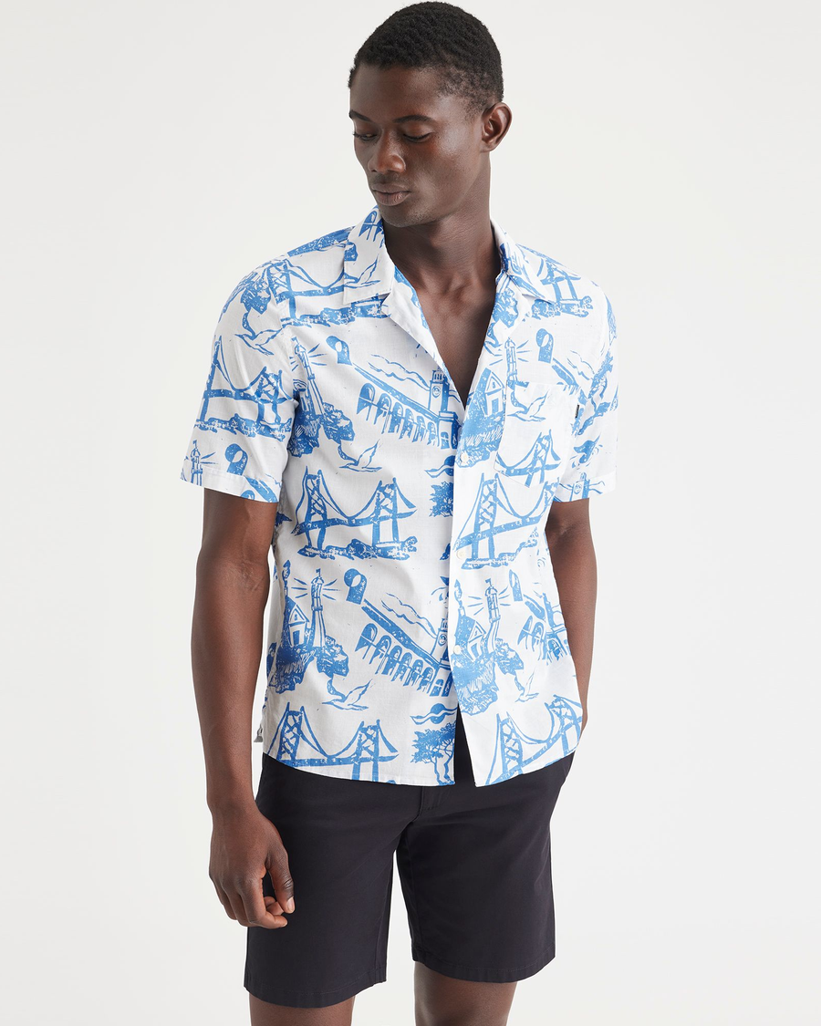 Front view of model wearing Outpose Ceramic Blue Camp Collar Shirt ...