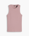 View of model wearing Pale Mauve Rib Tank with Lofi Knit, Slim Fit.