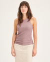 Front view of model wearing Pale Mauve Rib Tank with Lofi Knit, Slim Fit.