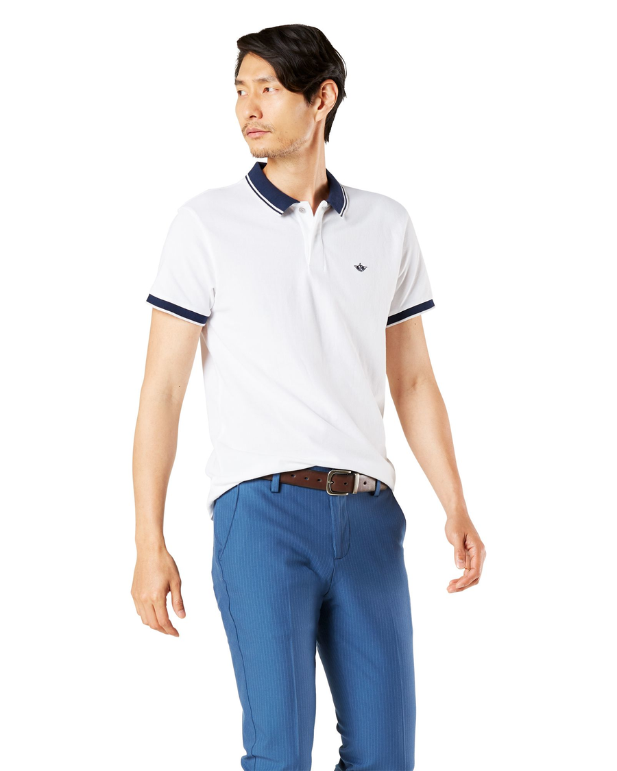 Front view of model wearing Paper White Performance Polo, Slim Fit.