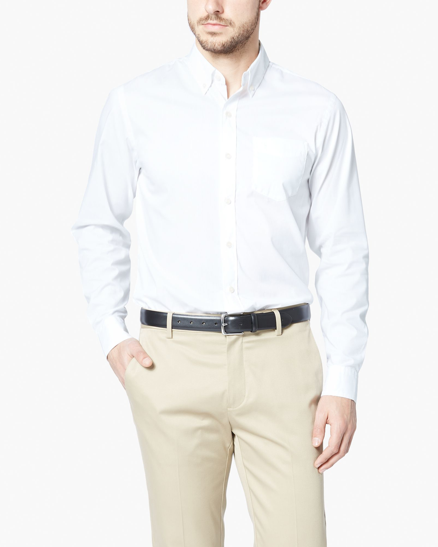 Front view of model wearing Paper White Signature Comfort Flex Shirt, Classic Fit.