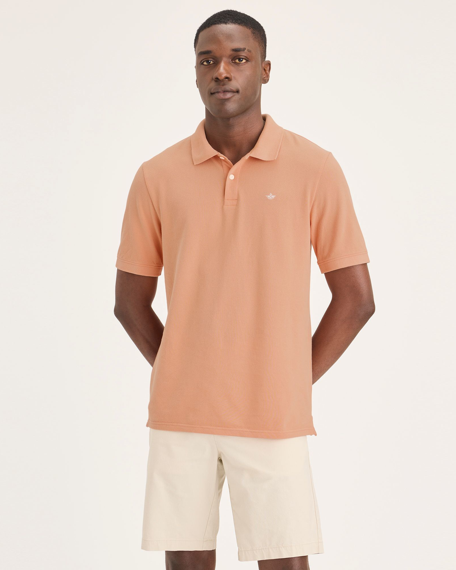 Front view of model wearing Peach Bloom Pique Polo, Slim Fit.