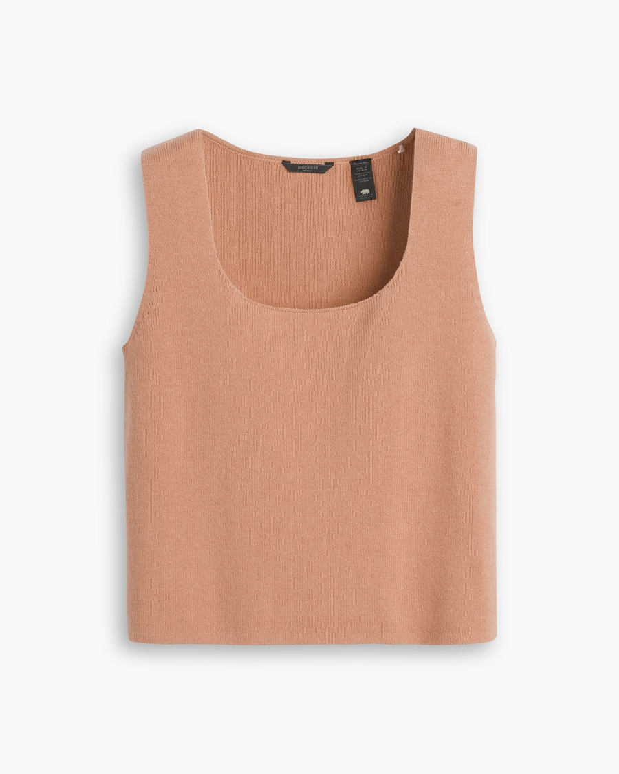 View of model wearing Peach Bloom Sweater Tank, Regular Fit.