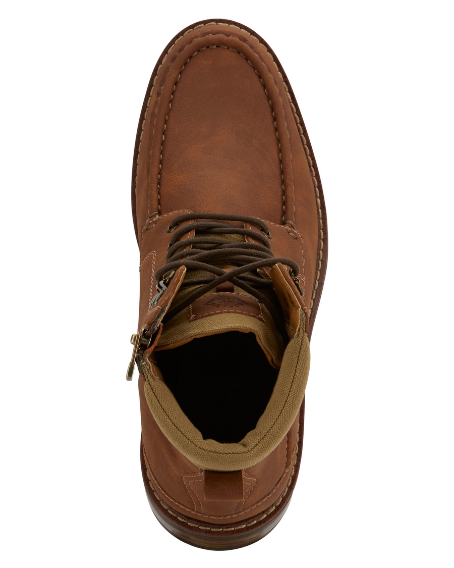 View of  Peanut Brown Sutton Moc Toe Boots.