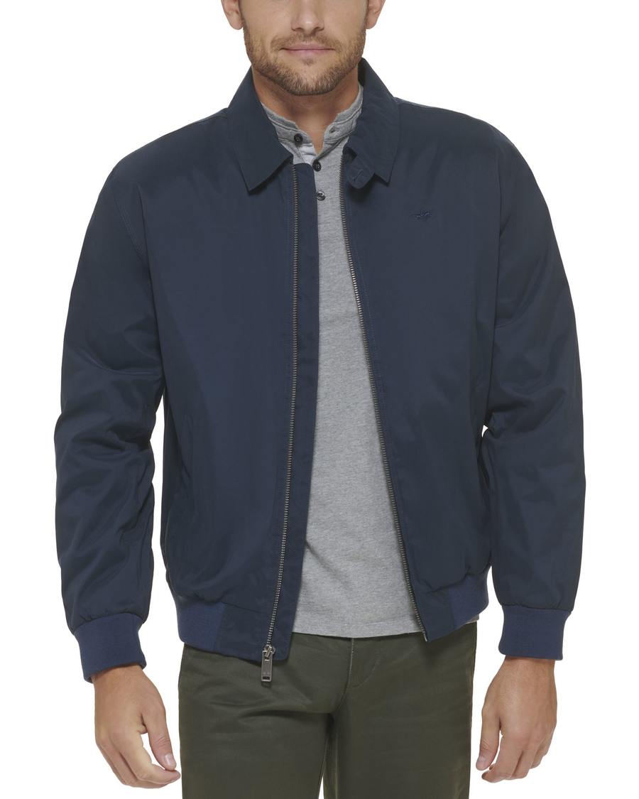 View of model wearing Pembroke Microtwill Relaxed Laydown Collar Bomber.