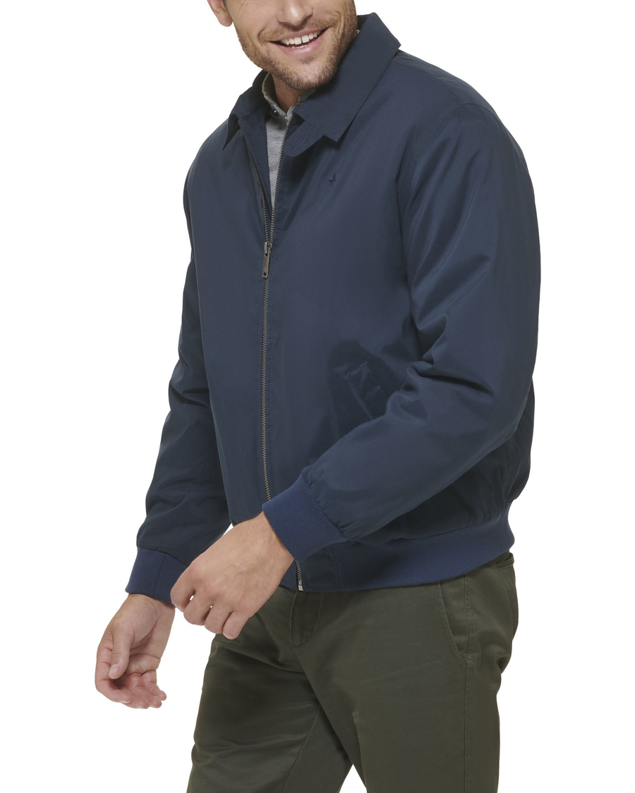 Side view of model wearing Pembroke Microtwill Relaxed Laydown Collar Bomber.