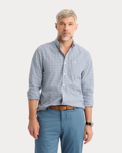 View of model wearing Pembroke Signature Stain Defender Shirt, Classic Fit.