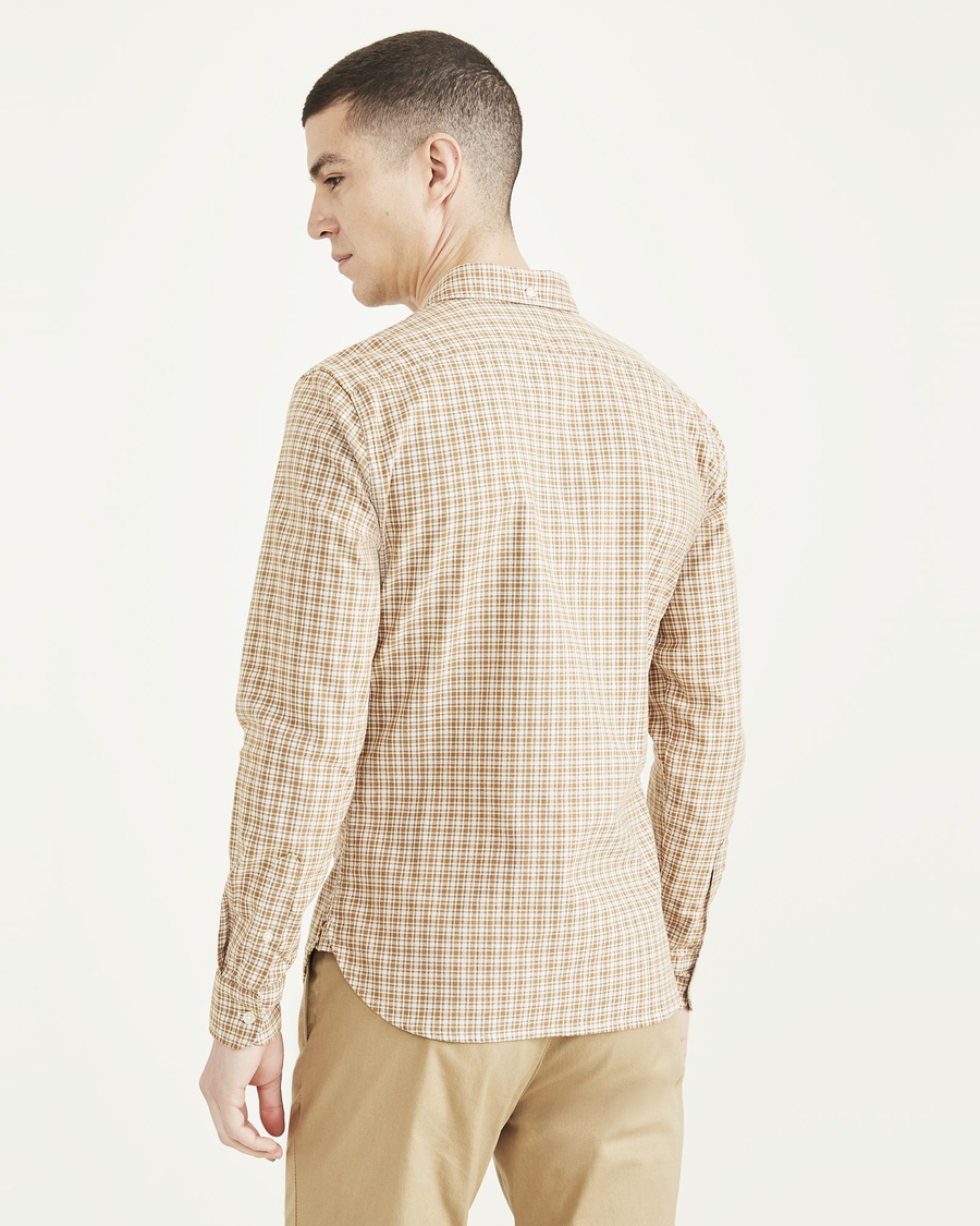 Back view of model wearing Petaluma Sahara Khaki Stretch Oxford Shirt, Slim Fit.