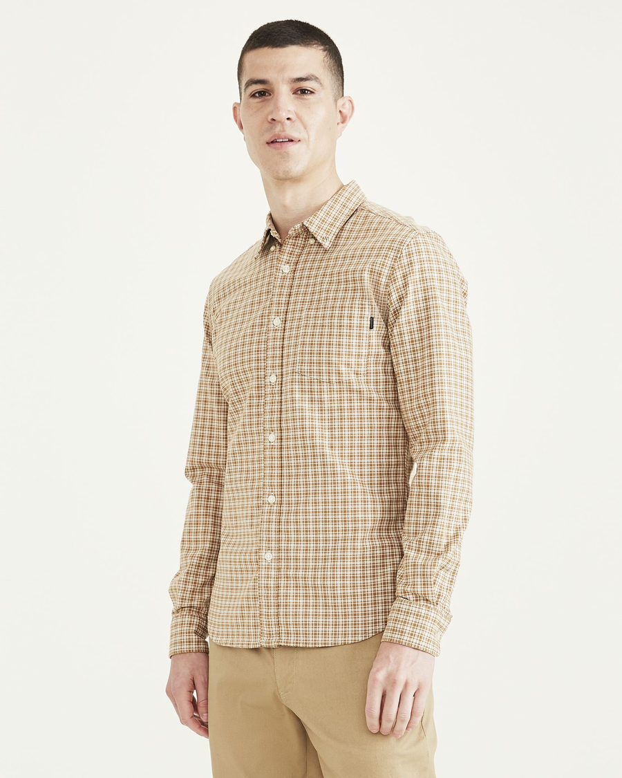 Front view of model wearing Petaluma Sahara Khaki Stretch Oxford Shirt, Slim Fit.