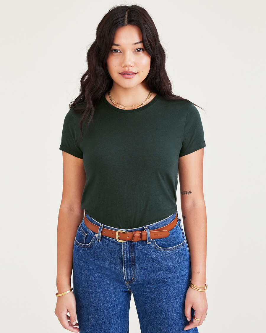 Front view of model wearing Pine Grove Favorite Tee Shirt, Slim Fit.