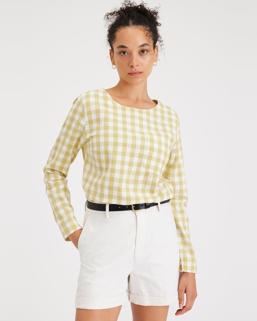 Front view of model wearing Pineapple Slice Button Back Blouse, Regular Fit.
