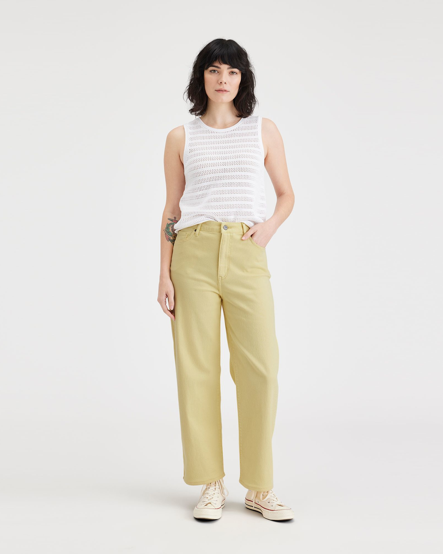 Front view of model wearing Pineapple Slice Jean Cut Pants, High Straight Fit.