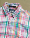 View of model wearing Pink Pink & Green Madras Shirt - L.