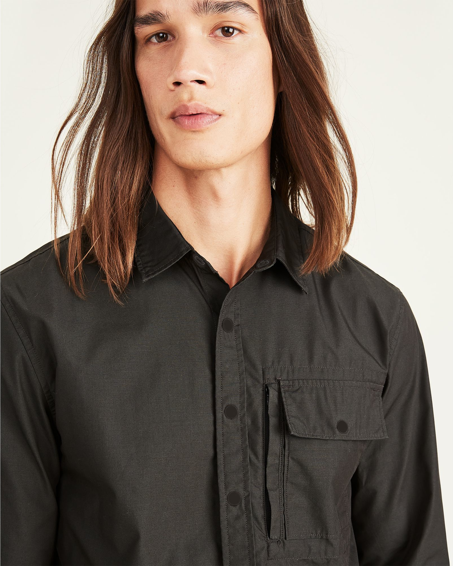 View of model wearing Pirate Black Rec Button-Up Shirt, Regular Fit.